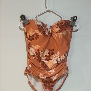 Anne Cole Orange and Brown One Piece Swimsuit with Sweetheart Neckline